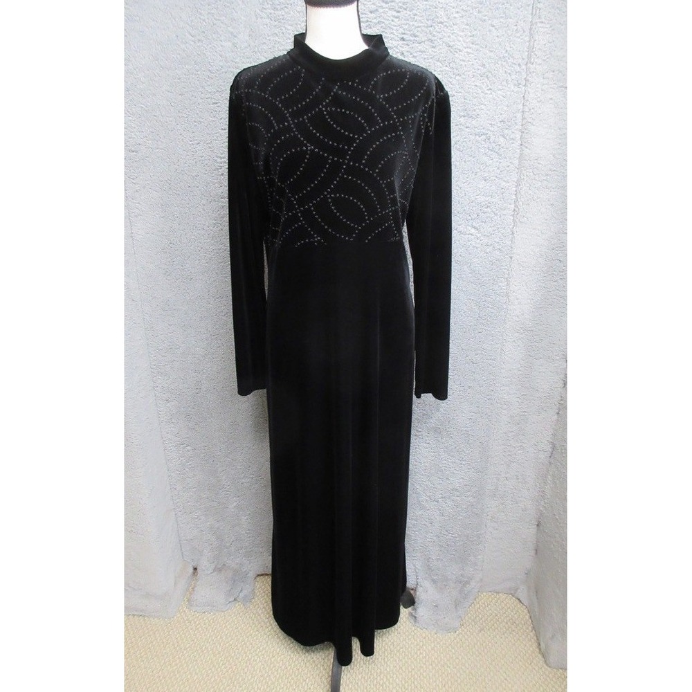 Vtg KC Spencer Velvet Maxi Dress Women 14 Black Long Beaded Whimsigoth Witchy
